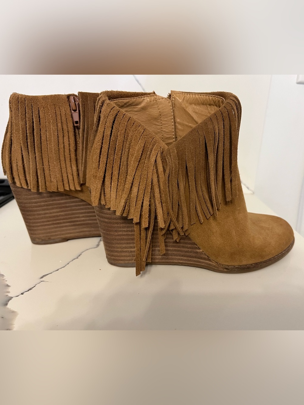 Lucky Brand Tan Suede Fringe Wedge Ankle Boots